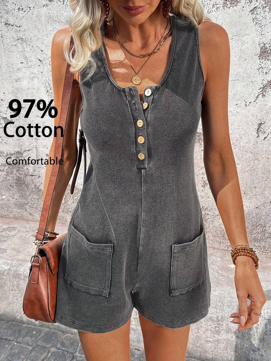 SHEIN LUNE Women's Casual Washed Fabric Music Festival Spring/Summer Daily Basic Outfit Jumpsuit With Pockets - Dark Grey - View 1