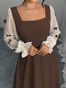 Modelyn Plus Size Women's Patchwork Sheer Ruffle Sleeve Bow Decor Square Neck Waist Cinched Dress, Spring/Summer/Autumn Fall Cloth For Women - Brown - View 6
