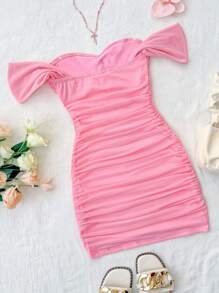 Váy lưới lệch vai màu hồng cho bé gái tuổi teen, trang phục đi nghỉ dưỡng cho bé gái, trang phục dự tiệc mùa hè cho bé gái tuổi teen, váy dạ hội cho bé gái - Hồng - Xem 2