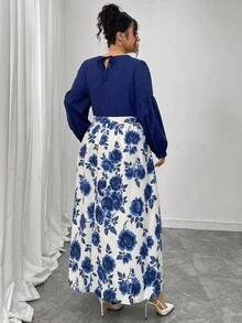 Elenzga 大码女式花卉印花编织复古优雅灯笼袖 V 领腰带中长连衣裙，春/秋