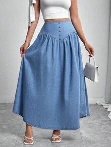 Elenzga 女式休闲高腰飘逸下摆加长牛仔裙 - 藍色 - 查看 6