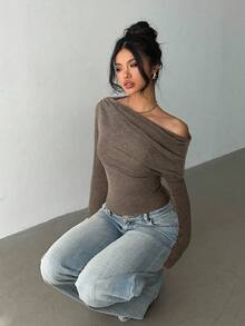 Aloruh 女款優雅咖啡棕不對稱T恤，扭結純色長袖網眼針織秋季上衣，適合日常通勤、居家穿著與早午餐襯衫 - 棕色 - 查看 4