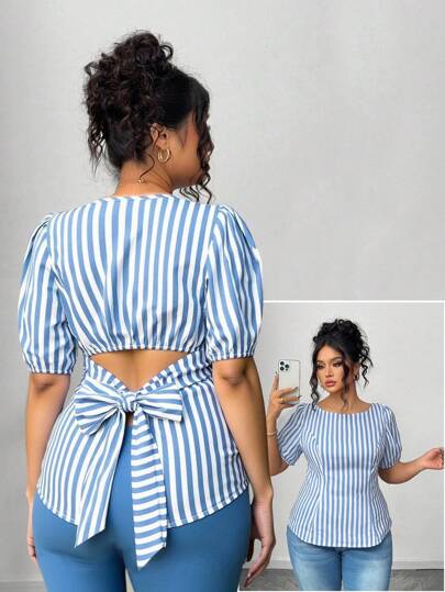 Elenzga Camisa casual ajustada a rayas para mujer de talla grande con diseño único de lazo en la espalda