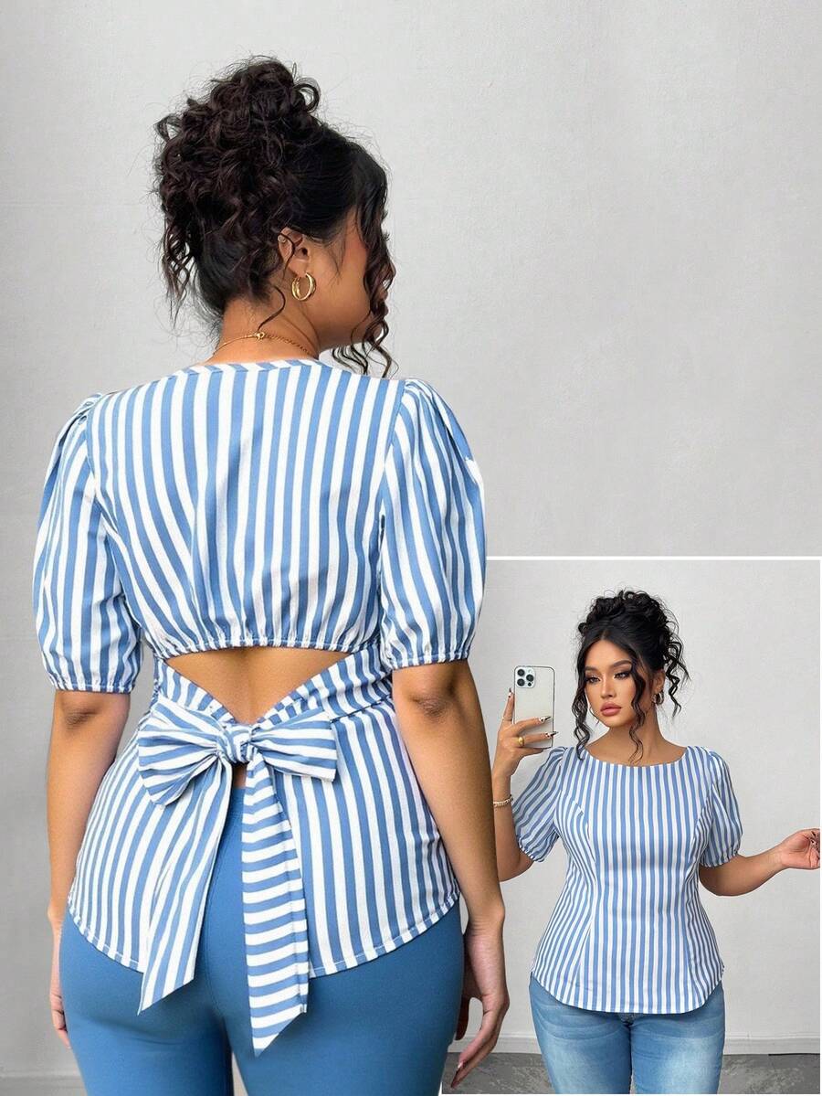 Elenzga Camisa casual ajustada a rayas para mujer de talla grande con diseño único de lazo en la espalda - Multicolor - Ver 1