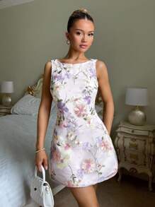 Glamine Váy ngắn không tay thanh lịch cổ điển dành cho nữ, thêu hoa, dáng ôm, nhiều màu sắc, họa tiết hoa ngẫu nhiên, trang phục xuân/hè thu cho nữ trở lại trường - Nhiều màu - Xem 1