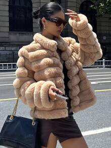 DAZY 女士宽松高领长袖休闲街头仿皮草外套，秋冬女式大衣 - 駝色 - 查看 4