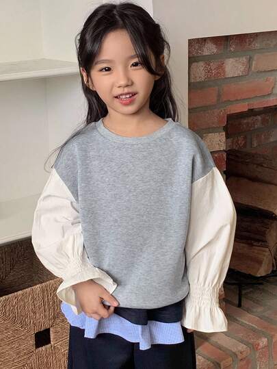 DAZY Kontrastfärgad koreansk stil för unga flickor, tröja med kronbladsärmar och rund hals, vår/höst