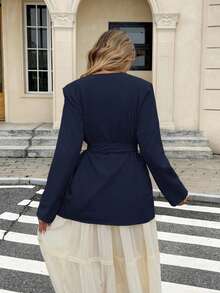 Siren Gaze Casual & Commute Solid Color Linen Thin Blazer In Fall/Winter Blue - Navy Blue - View 2