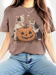 INAWLY 大码女式秋季圆领休闲南瓜猫图案 T 恤，万圣节上衣 - 卡其色 - 查看 1