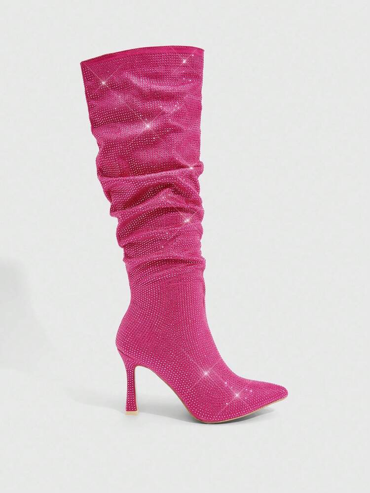 CUCCOO SZL Women's Pointed Toe High Heel Fuchsia Wrinkled Rhinestone Embellished Sexy Knee-High Boots, Suitable For Nightclub, Party, Gathering, Pink For Christmas Spring Shoes