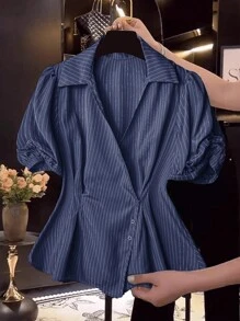 SHEIN LUNE 夏季大码优雅条纹泡泡袖衬衫 - 藏蓝色 - 查看 1