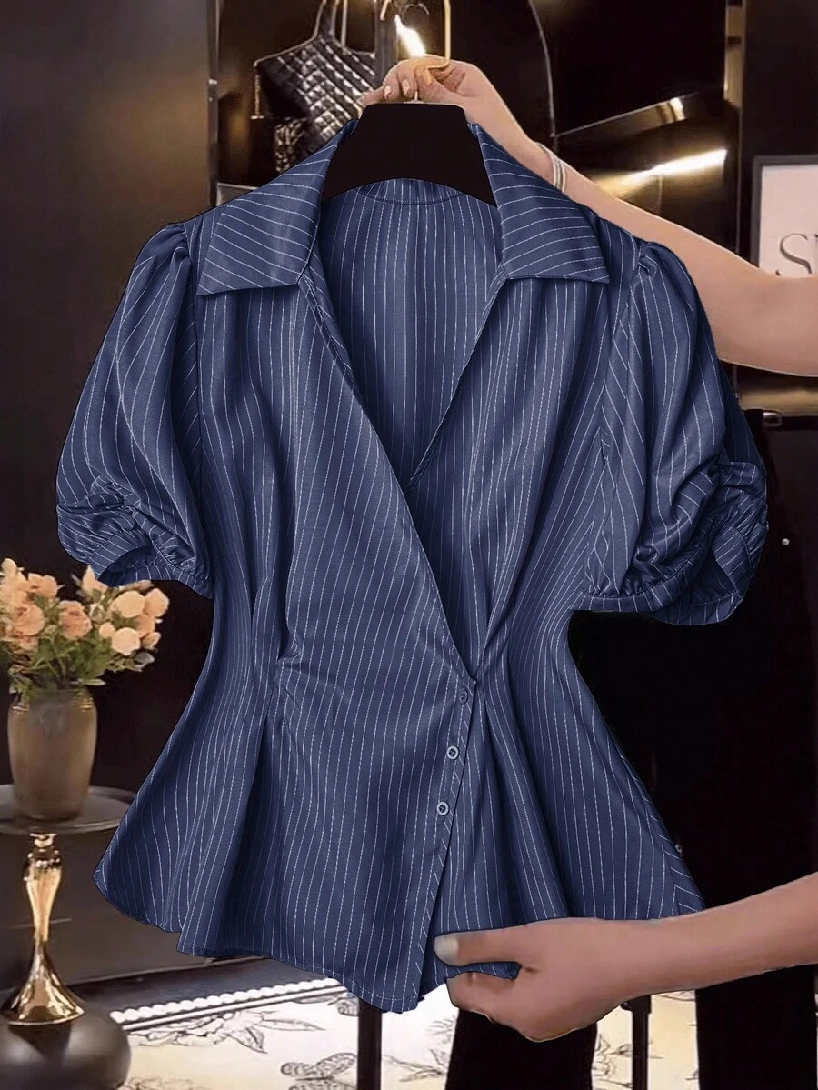 SHEIN LUNE 夏季大码优雅条纹泡泡袖衬衫 - 藏蓝色 - 查看 1