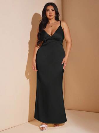 SHEIN BAE Plus Size Women's Sleeveless V-Neck Backless Maxi Satin Dress, Suitable For Vacation, Music Festivals, Birthday, Brunch, Wedding Guest, Elegant Dress Party Dress