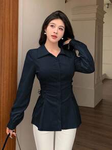 Modelyn Áo sơ mi thời trang màu trơn cổ bẻ chéo bên hông cài nút phía trước cho nữ Áo cánh màu xanh navy Áo cánh bó sát cho nữ Áo cánh tay dài Áo màu xanh đậm Áo corset - Màu xanh hải quân - Xem 6