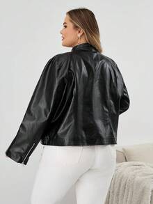 SHEIN CURVE+ 大码女式长袖 PU 皮革修身拉链夹克，带保暖衬里，大码女装 8xl 女装大码 8xl 皮夹克女式大码皮夹克冬季秋季秋冬 - 黑色 - 查看 2