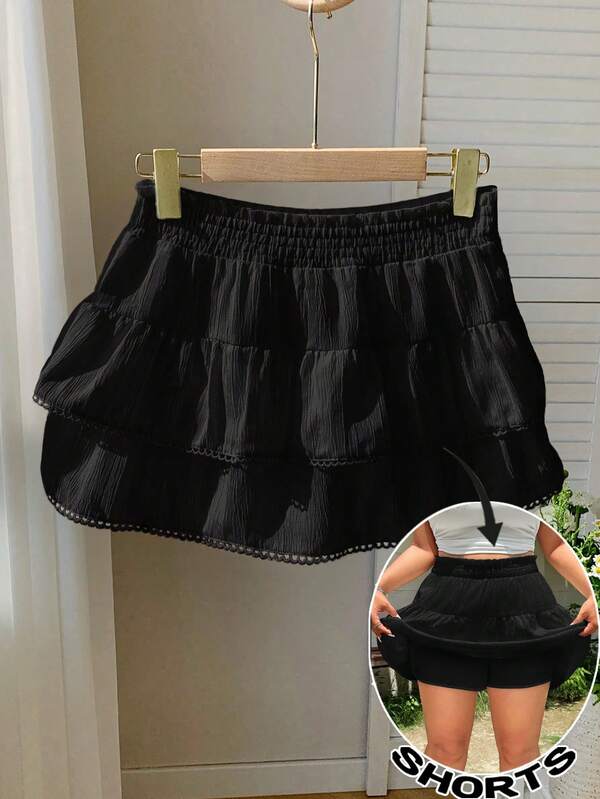SHEIN EZwear Black Casual Plus Size Women's Skirt With Built-In Shorts