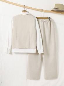 SHEIN 2 件套青少年男孩绅士风格服装，纯色撞色胸袋修身背心 + 优雅长裤，适合生日、婚礼、婚礼嘉宾、花童、戒童的正式服装 - 杏色 - 查看 2