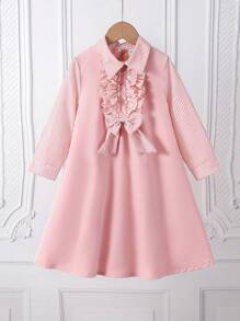 1pc Young Girl's Sweet Pink Plaid Patchwork Long Sleeve Shirt Dress,Hidden Zipper Back,Cute Ruffle Bow Dress For Party,Holiday,Autumn,Back To School - Multicolor - View 4