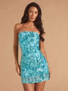 Glamine Váy ngắn bandeau thêu hoa đính hạt màu ngọc lam cho nữ, Váy ngắn màu xanh cho nữ, Váy ngắn bandeau cho nữ, Váy thêu hạt cho nữ, Đa năng cho tiệc tùng, hẹn hò, kỳ nghỉ, lễ hội âm nhạc - Màu xanh lam - Xem 5