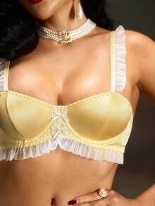 PinupPomp Bộ đồ lót cổ điển 2 món kèm khoen thép, xếp nếp & nâng đỡ, vải satin, màu tương phản, viền nhún bèo, trang trí nơ, phong cách retro lãng mạn dành cho nữ - Màu Mù tạt vàng - Xem 5