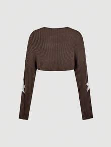 Skyraze Cardigan en tricot à manches longues, épaules tombantes, avec lien devant et motif pentagramme pour femmes, pour l'automne/hiver - Tabac - Voir 3