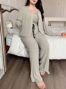 Dazy Plus 3pcs Plus Size Women Ribbed Fabric Robe & Camisole Top And Pants Pajama Set, Autumn, Fall Winter Clothes, Cozy Outfits - Olive Green - View 3