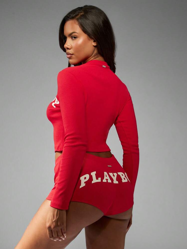 Missguided x Playboy Long Sleeve Ribbed Crop Top With Matching Hot Pants Set