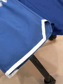 SHEIN 2 件套青少年男童拼布运动字母撞色短袖 T 恤和短裤套装,休闲、学校、旅行、运动、舒适、柔软、百搭 - 藏蓝色 - 查看 7