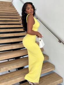 Alexandranx 纯白色性感不对称肩部扭纹后背超长美人鱼裙，优雅连衣裙，度假连衣裙，伴娘裙，生日派对连衣裙，毕业礼服，春夏季 - 黃色 - 查看 6