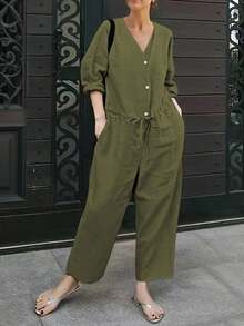 INAWLY Bộ đồ liền thân dài tay rộng rãi tối giản thời trang dành cho nữ, thích hợp cho kỳ nghỉ - màu xanh lá - Xem 4