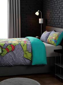 TEENAGE MUTANT NINJA TURTLES | SHEIN 3pcs Bedding Set, Soft & Breathable Cozy Warm Cartoon Turtle Pattern Gray Duvet Cover - Grey - View 4