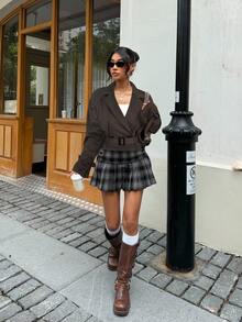 Muchica Áo khoác trench coat hai hàng khuy trơn màu đơn giản dành cho nữ mùa thu/đông - màu nâu - Xem 6