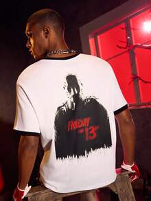 WB Horror X SHEIN Men's Horror Movie Print Contrast Trim Short Sleeve T-Shirt, Summer, Emo - White - View 7