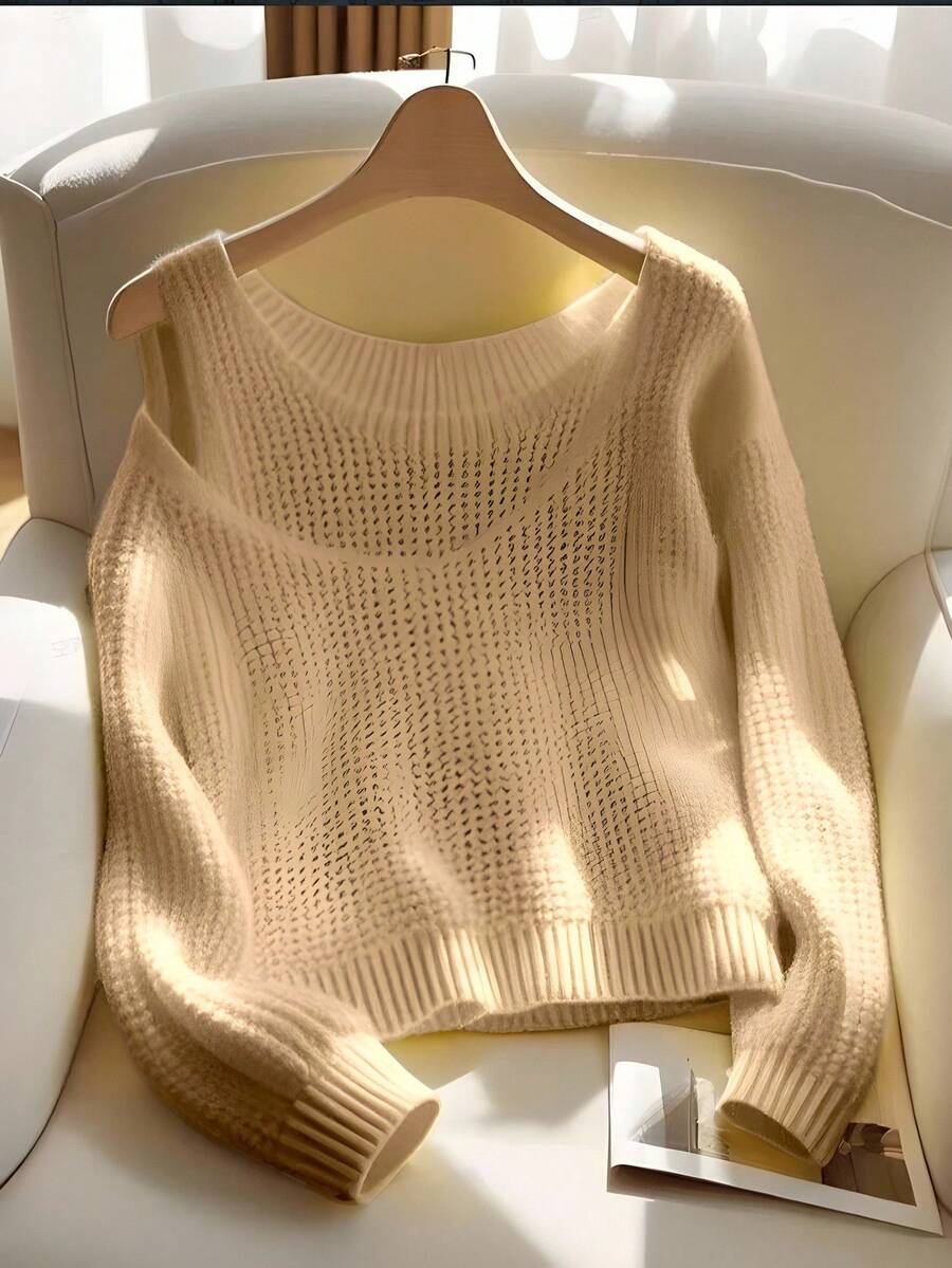 SHEIN LUNE 2pcs Versatile Fashion Commute & Travel Hollow-Out Knit Sweater Set Fall Winter Cloth For Women - Camel - View 1