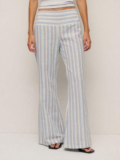  Nöista Blue And Grey Stripe Wide Leg Pants Are A Refreshing Update To Fall Women Clothes And Winter Pants. With A Flattering High-Rise Waist And Playful Pattern, They Pair Effortlessly With Fall Sweaters, Autumn Tops, Or Even Fairycore Looks For Versatile Seasonal Styling.