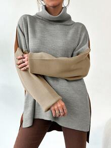SHEIN Cottnline Women's Loose Fit Color Block Sweater - Apricot - View 3