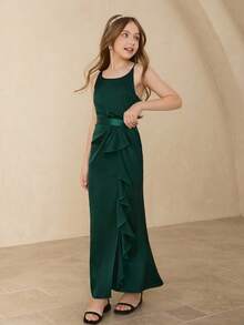 Flower Girl Dress With Satin Halter Neck, Ruched Hem, High Slit And Ruffle Trim, Elegant For Wedding, Christmas, Halloween, Party, Graduation - Green - View 6