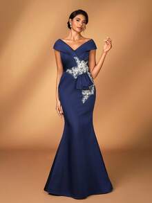 Serin 优雅奢华珍珠和钻石刺绣蕾丝贴花缎面露肩美人鱼连衣裙，适合婚礼、活动、派对、度假、舞会、新娘和新娘母亲 - 藏蓝色 - 查看 6