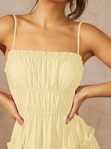L'Amorae Women's Solid Color Tie-Up Ruffle Tier Hem Detail Summer Dress - Light Yellow - View 4