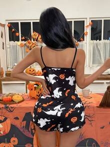 Miss Vinta Black Halloween Short Pajama Set With Ghost And Pumpkin Pattern For Women Halloween Pajama Set Halloween Pajamas Women Pajama Romper For Women Halloween Lounge Set - Black - View 2