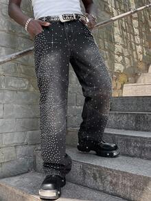 ROMWE MEN Street Life Men's Sparkling Diamond Loose Baggy Jeans - Black - View 6