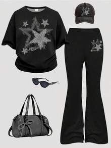 SHEIN 青少年女孩休闲简约五角星印花黑色短袖上衣和裤子两件套，适合夏季，图案T恤，街头潮流，朋克，复古，返校服装，节日服装，可爱，卡哇伊，女孩服装套装，青少年女孩服装，女孩服装，儿童，返校，返校节，校服，休闲，针线活 - 彩色 - 查看 2