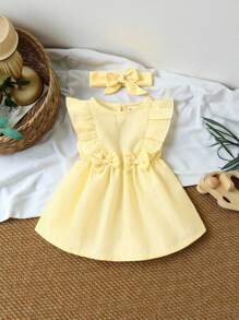 SHEIN Vintaside Kids 嬰兒條紋圖案荷葉邊前蝴蝶結連衣裙 - 黃色 - 查看 3