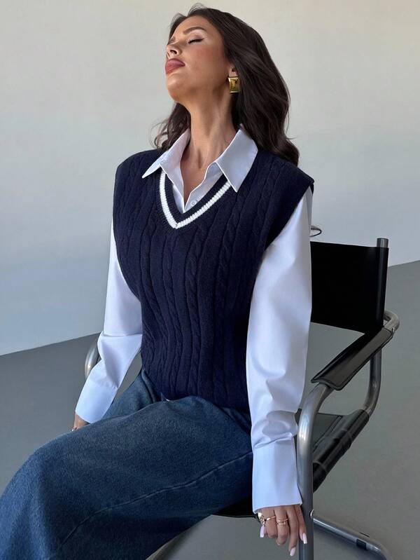 Firerie Women's Striped Contrast Color Cable Knit V-Neck Sweater Vest (Shirt Not Included), Basic Daily Commute Knit Top, Versatile Essential, Autumn/Winter Clothing, Commute, Elegant, Casual, Daily, Work,Fall