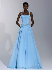 Elitara 优雅奢华浅蓝色缎面手工水钻肩带超大 A 字裙摆连衣裙，适合约会、单身派对、招待会、舞会、正式场合、庆典和宴会正式礼服 - 淺藍色 - 查看 9