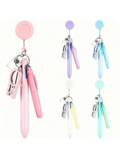 1 Pc Macaron Nurse Pen Set With Extendable Scroll, Easy To Retract Buckle, And Badge Holder - Includes 5 Colored Pens, Pen Refills, And Pen Cases - Made Of Plastic Material, Suitable For Teachers, Doctors, Nurses, Offices, Schools, Or Promotional Purposes School Supplies,Back To School