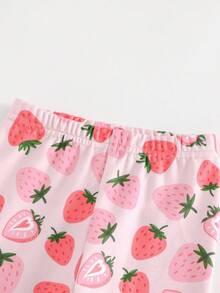 Cozy Pixies 女婴舒适睡衣套装，卡通草莓印花柔软针织圆领长袖上衣和松紧腰打底裤 - 粉色 - 查看 6