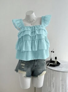 Franclia Summer Textured Cap Sleeve Layered Ruffle Hem Casual Vacation Tank Top - Blue - View 4