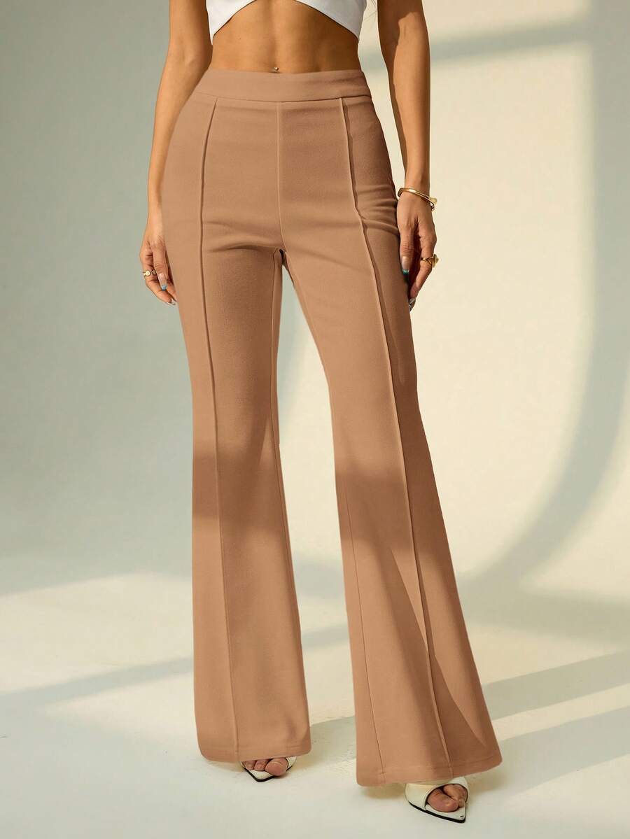 SHEIN PETITE 低腰纯色喇叭腿紧身西装裤派对性感优雅约会之夜派对 - 卡其色 - 查看 1