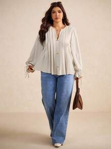 Elaquor 大码纯色 V 领落肩长袖纽扣前开襟衬衫